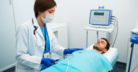 Uma seringa contendo ozônio em um ambiente médico.