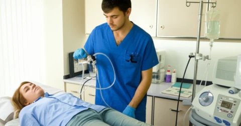 Equipamento de ozonioterapia emitindo luz azul.