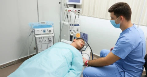 Profissional aplicando ozonioterapia em paciente.