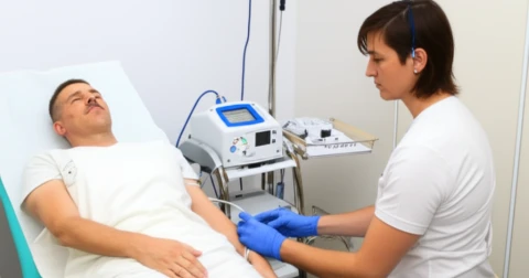 Profissional aplicando ozonioterapia em paciente.