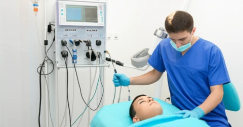 Profissional aplicando ozonioterapia em paciente.