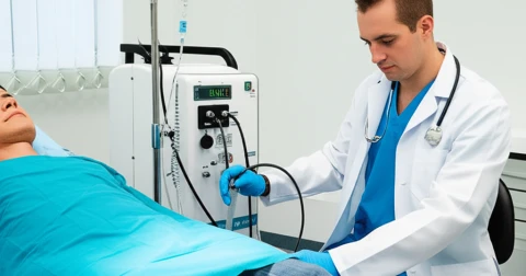 Profissional aplicando ozonioterapia em paciente.