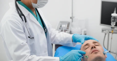 Profissional aplicando ozonioterapia em paciente.
