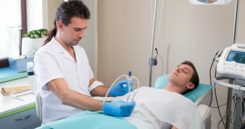 Profissional aplicando ozonioterapia em paciente.