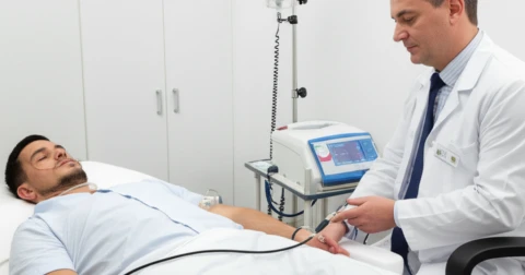 Profissional de saúde aplicando ozonioterapia em paciente.